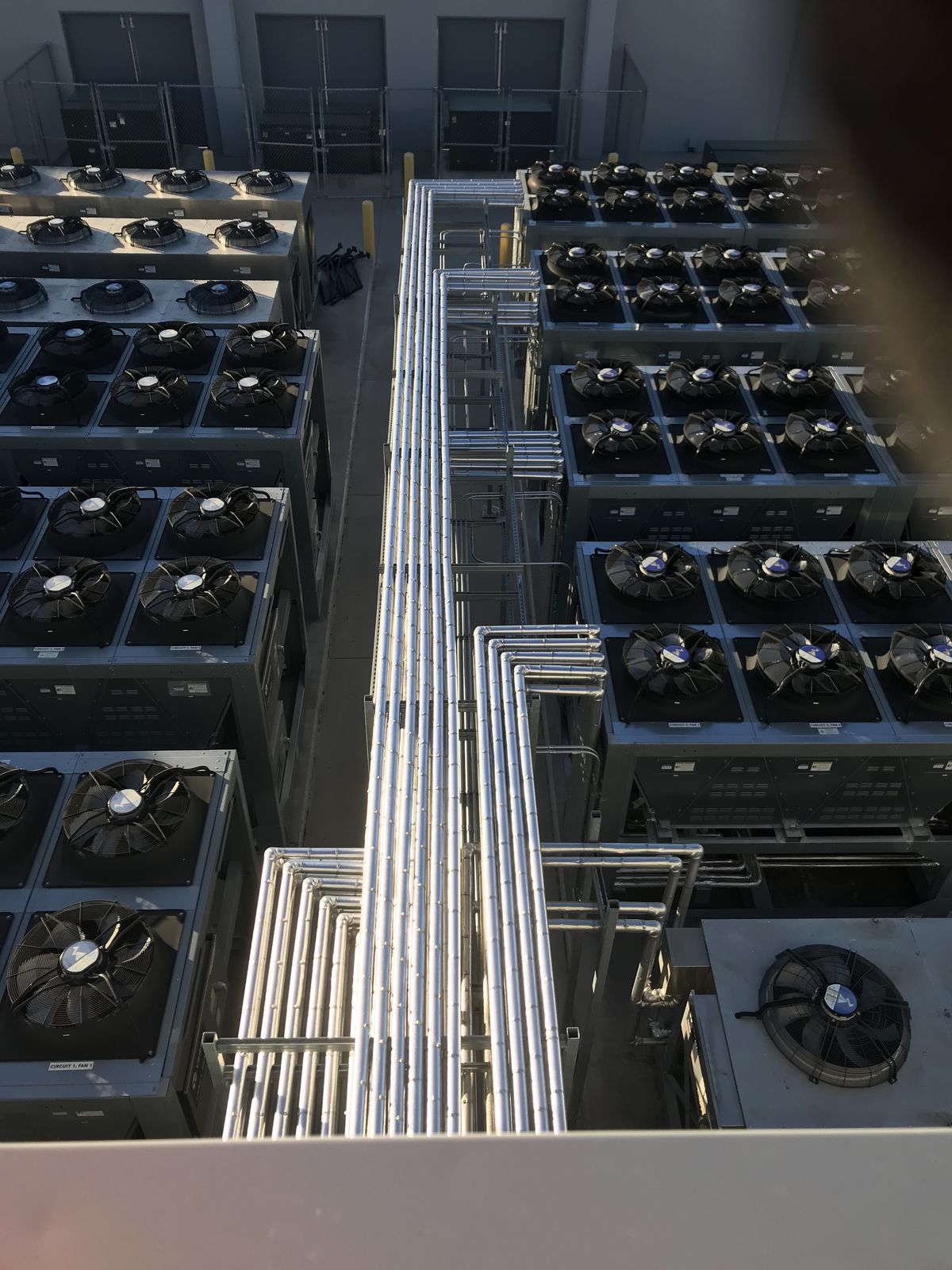 Insulated refrigerant and process piping routed between rooftop condenser units on a commercial building